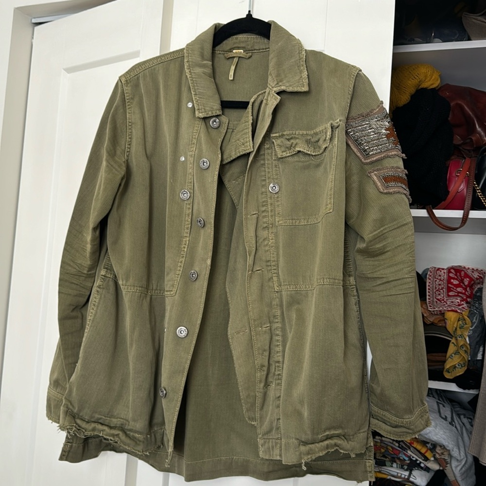 Free People Beaded Military Green Jacket